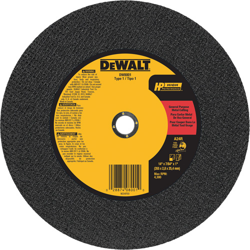 General Purpose Metal Cutting Chop Saw Wheel, 14" x 7/64", 1" Arbor, Type 1, Aluminum Oxide, 4300 RPM Distribution Jean Lapalme