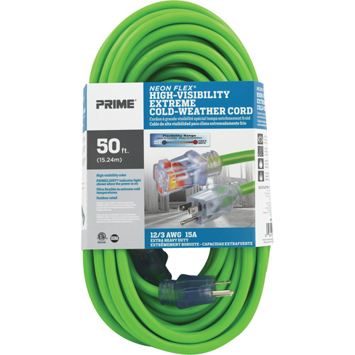 Neon Flex&reg; High Visibility Extension Cord, Outdoor, SJTW, 12/3 AWG, 15 A, 50' Distribution Jean Lapalme