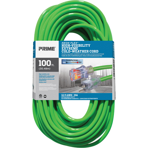 Neon Flex&reg; High Visibility Extension Cord, Outdoor, SJTW, 12/3 AWG, 15 A, 100' Distribution Jean Lapalme