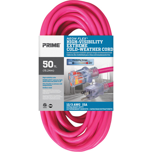 Neon Flex&reg; High Visibility Extension Cord, Outdoor, SJTW, 12/3 AWG, 15 A, 50' Distribution Jean Lapalme