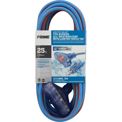 Arctic Blue TPE-Rubber Extension Cord, All-Weather, SJEOW, 12/3 AWG, 15 A, 3 Outlet(s), 25' Distribution Jean Lapalme