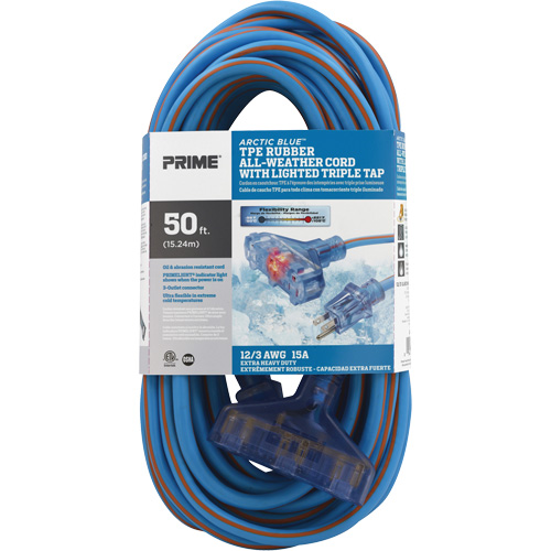 Cordons rallonges en caoutchouc TPE Arctic Blue, Toutes saisons, SJEOW, AWG 12/3, 15 A, 3 prise(s), 50' Distribution Jean Lapalme