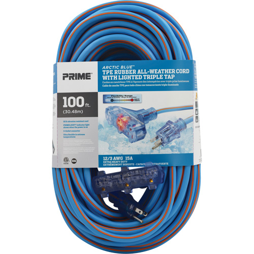 Arctic Blue TPE-Rubber Extension Cord, All-Weather, SJEOW, 12/3 AWG, 15 A, 3 Outlet(s), 100' Distribution Jean Lapalme