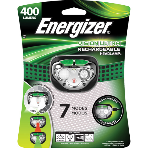 Vision Ultra Headlight, LED, 400 Lumens, 4 Hrs. Run Time, Rechargeable Batteries Distribution Jean Lapalme