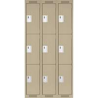 Clean Line Lockers, 3 -tier, Bank of 3, 36" x 18" x 72", Steel, Beige, Rivet (Assembled) Distribution Jean Lapalme