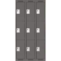 Clean Line Lockers, 3 -tier, Bank of 3, 36" x 18" x 72", Steel, Charcoal, Rivet (Assembled) Distribution Jean Lapalme