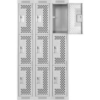 Clean Line Lockers, 3 -tier, Bank of 3, 36" x 12" x 72", Steel, Grey, Rivet (Assembled), Perforated Distribution Jean Lapalme