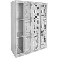 Clean Line Lockers, 3 -tier, Bank of 4, 48" x 12" x 72", Steel, Grey, Rivet (Assembled), Perforated Distribution Jean Lapalme