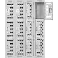Clean Line Lockers, 3 -tier, Bank of 4, 48" x 12" x 72", Steel, Grey, Rivet (Assembled), Perforated Distribution Jean Lapalme
