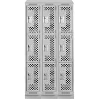 Clean Line Lockers, 3 -tier, Bank of 3, 36" x 18" x 82", Steel, Grey, Rivet (Assembled), Perforated Distribution Jean Lapalme