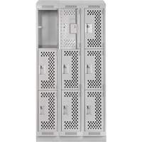 Clean Line Lockers, 3 -tier, Bank of 3, 36" x 18" x 82", Steel, Grey, Rivet (Assembled), Perforated Distribution Jean Lapalme
