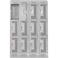 Clean Line Lockers, 3 -tier, Bank of 4, 48" x 18" x 82", Steel, Grey, Rivet (Assembled), Perforated Distribution Jean Lapalme