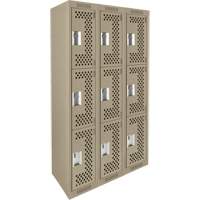 Clean Line Lockers, 3 -tier, Bank of 3, 36" x 12" x 72", Steel, Beige, Rivet (Assembled), Perforated Distribution Jean Lapalme