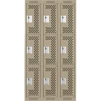 Clean Line Lockers, 3 -tier, Bank of 3, 36" x 12" x 72", Steel, Beige, Rivet (Assembled), Perforated Distribution Jean Lapalme