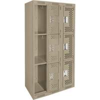 Clean Line Lockers, 3 -tier, Bank of 3, 36" x 12" x 72", Steel, Beige, Rivet (Assembled), Perforated Distribution Jean Lapalme