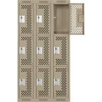 Clean Line Lockers, 3 -tier, Bank of 3, 36" x 12" x 72", Steel, Beige, Rivet (Assembled), Perforated Distribution Jean Lapalme