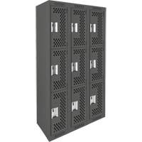 Clean Line Lockers, 3 -tier, Bank of 3, 36" x 12" x 72", Steel, Charcoal, Rivet (Assembled), Perforated Distribution Jean Lapalme