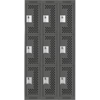 Clean Line Lockers, 3 -tier, Bank of 3, 36" x 12" x 72", Steel, Charcoal, Rivet (Assembled), Perforated Distribution Jean Lapalme