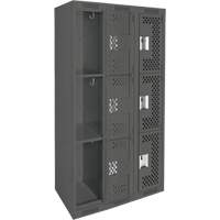 Clean Line Lockers, 3 -tier, Bank of 3, 36" x 12" x 72", Steel, Charcoal, Rivet (Assembled), Perforated Distribution Jean Lapalme