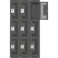 Clean Line Lockers, 3 -tier, Bank of 3, 36" x 12" x 72", Steel, Charcoal, Rivet (Assembled), Perforated Distribution Jean Lapalme