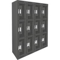 Clean Line Lockers, 3 -tier, Bank of 4, 48" x 12" x 72", Steel, Charcoal, Rivet (Assembled), Perforated Distribution Jean Lapalme