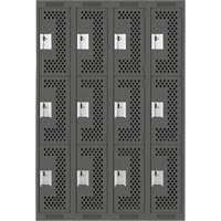 Clean Line Lockers, 3 -tier, Bank of 4, 48" x 12" x 72", Steel, Charcoal, Rivet (Assembled), Perforated Distribution Jean Lapalme