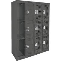Clean Line Lockers, 3 -tier, Bank of 4, 48" x 12" x 72", Steel, Charcoal, Rivet (Assembled), Perforated Distribution Jean Lapalme