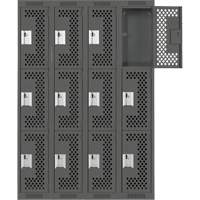 Clean Line Lockers, 3 -tier, Bank of 4, 48" x 12" x 72", Steel, Charcoal, Rivet (Assembled), Perforated Distribution Jean Lapalme