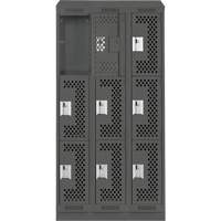 Clean Line Lockers, 3 -tier, Bank of 3, 36" x 18" x 82", Steel, Charcoal, Rivet (Assembled), Perforated Distribution Jean Lapalme
