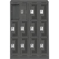 Clean Line Lockers, 3 -tier, Bank of 4, 48" x 18" x 82", Steel, Charcoal, Rivet (Assembled), Perforated Distribution Jean Lapalme