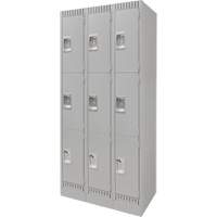 Lockers, 3 -tier, Bank of 3, 36" x 18" x 76", Steel, Grey, Knocked Down Distribution Jean Lapalme