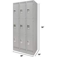 Lockers, 3 -tier, Bank of 3, 36" x 18" x 76", Steel, Grey, Knocked Down Distribution Jean Lapalme