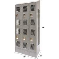 Vented Lockers, 2 -tier, Bank of 3, 36" x 18" x 88", Steel, Grey, Knocked Down, Perforated Distribution Jean Lapalme