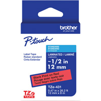 Ruban lamin&eacute; TZe-431 pour &eacute;tiqueteuses P-Touch compatibles avec les rubans TZe, 12 mm x 8 m, Noir/rouge Distribution Jean Lapalme