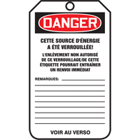 &eacute;tiquettes de verrouillage, Papier cartonn&eacute;, 3-1/8" la x 5-7/8" h, Français Distribution Jean Lapalme