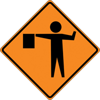 Tilt-Adjust Flagman Ahead Roll-Up Construction Sign, 36" x 36", Vinyl, Pictogram Distribution Jean Lapalme