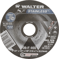 Stainless Steel Depressed Centre Grinding Wheels, 4-1/2" x 1/4", 7/8" Arbor, Type 27 Distribution Jean Lapalme