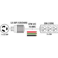 Rallonge pour g&eacute;n&eacute;ratrice avec triple fiche, STW, AWG 10, 3 prise(s), 25' Distribution Jean Lapalme